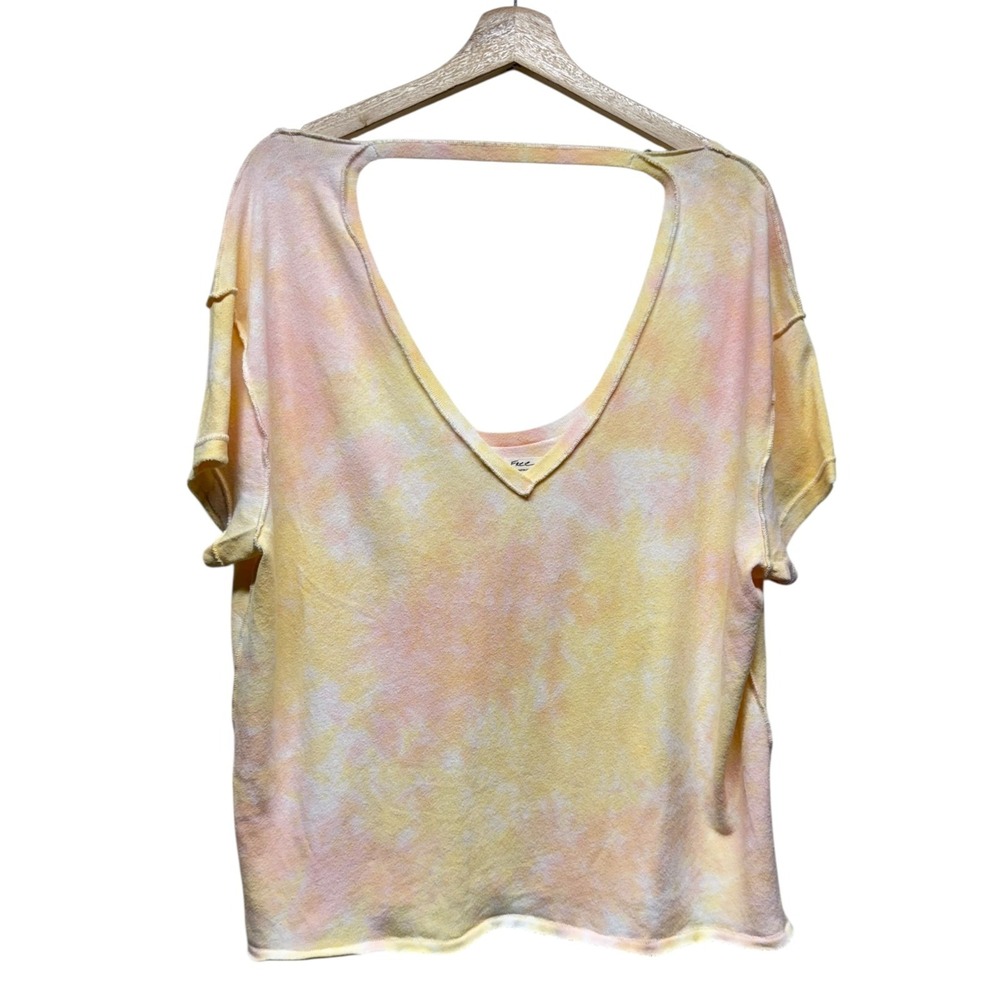 We The Free People Oversized V-Neck Top Sz S Tie Dye Yellow Pink Distressed Boho